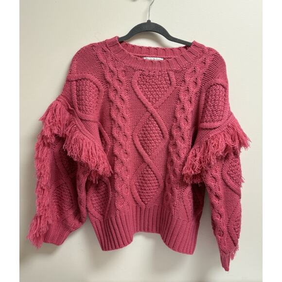 Vici Sweaters - Vici Sun Goes Down Cable Knit Fringe Magenta Pink Pullover Sweater Size Small